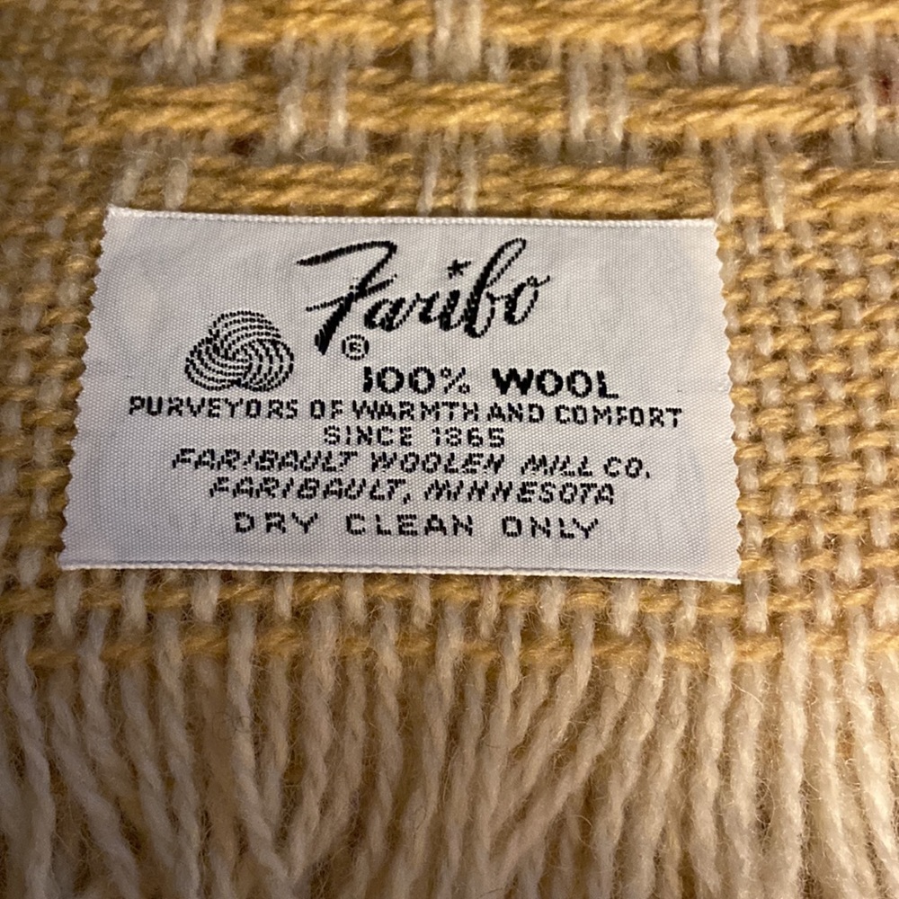 Faribo 100% Wool Cream/Beige Woven Fringed Blanket VTG